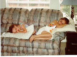 Stephanie and Gretchen asleep on the couch.bmp - 1996 - Snoozing after swimming - Stephanie & Gretchen